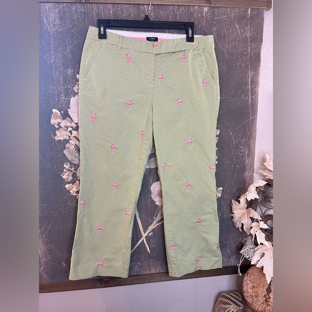 J. Crew Stretch Green Gingham Pink Flamingo Embroider Capri Crop Pants Low Fit 8